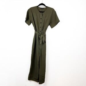 Madewell Olive Green Windowpane Button Front Belted Wide Leg Jumpsuit Womens S